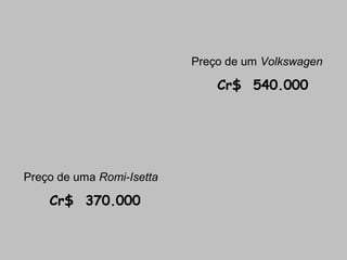 Preço de um Volkswagen

Cr$ 540.000

Preço de uma Romi-Isetta

Cr$ 370.000

 
