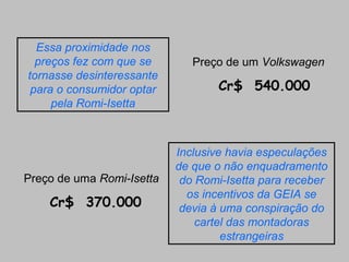 Essa proximidade nos
preços fez com que se
tornasse desinteressante
para o consumidor optar
pela Romi-Isetta

Preço de uma Romi-Isetta

Cr$ 370.000

Preço de um Volkswagen

Cr$ 540.000

Inclusive havia especulações
de que o não enquadramento
do Romi-Isetta para receber
os incentivos da GEIA se
devia à uma conspiração do
cartel das montadoras
estrangeiras

 