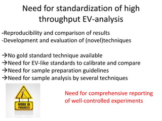 -Reproducibility and comparison of results
-Development and evaluation of (novel)techniques
No gold standard technique available
Need for EV-like standards to calibrate and compare
Need for sample preparation guidelines
Need for sample analysis by several techniques
Need for standardization of high
throughput EV-analysis
Need for comprehensive reporting
of well-controlled experiments
 