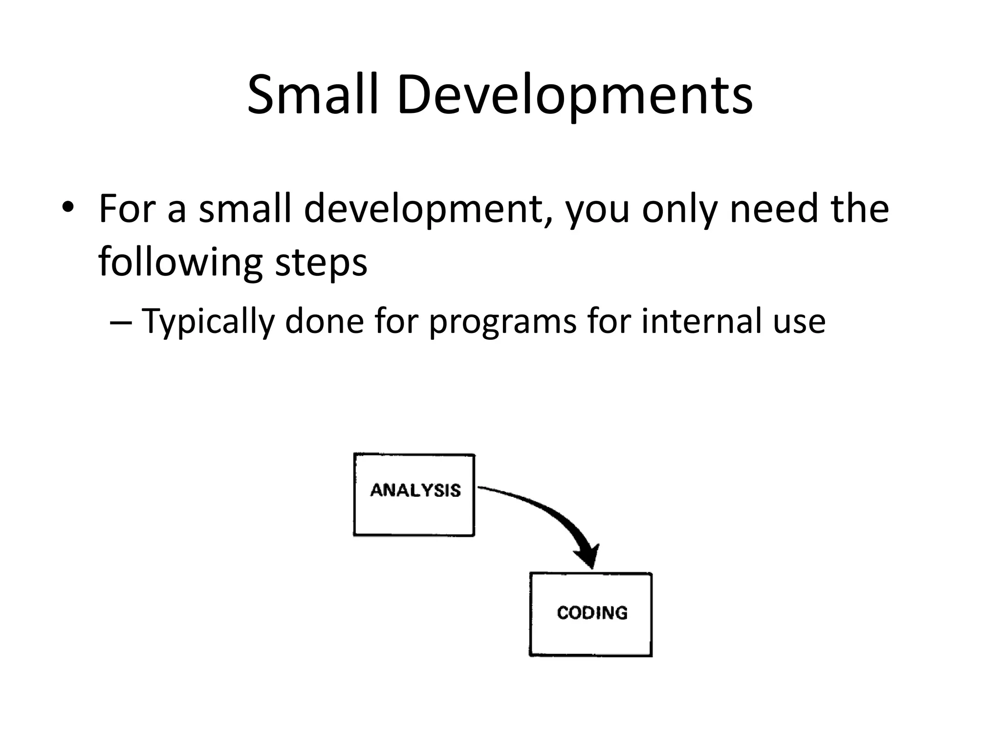 Small Developments
• For a small development, you only need the
following steps
– Typically done for programs for internal use
 