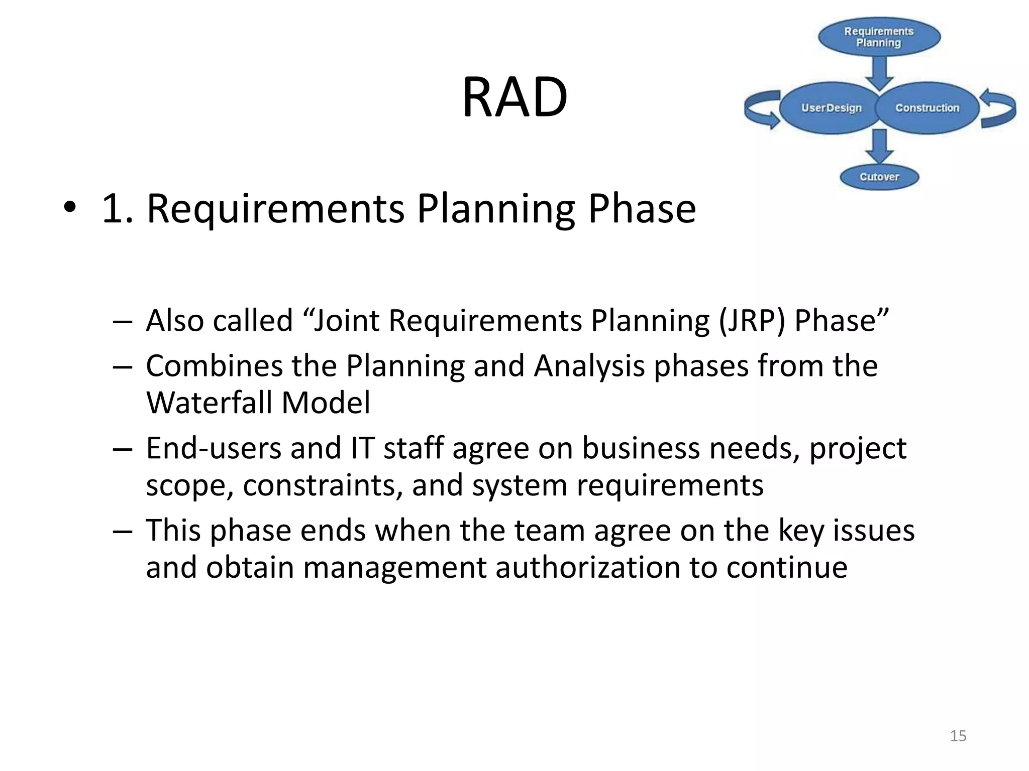 15
RAD
• 1. Requirements Planning Phase
– Also called “Joint Requirements Planning (JRP) Phase”
– Combines the Planning and Analysis phases from the
Waterfall Model
– End-users and IT staff agree on business needs, project
scope, constraints, and system requirements
– This phase ends when the team agree on the key issues
and obtain management authorization to continue
 