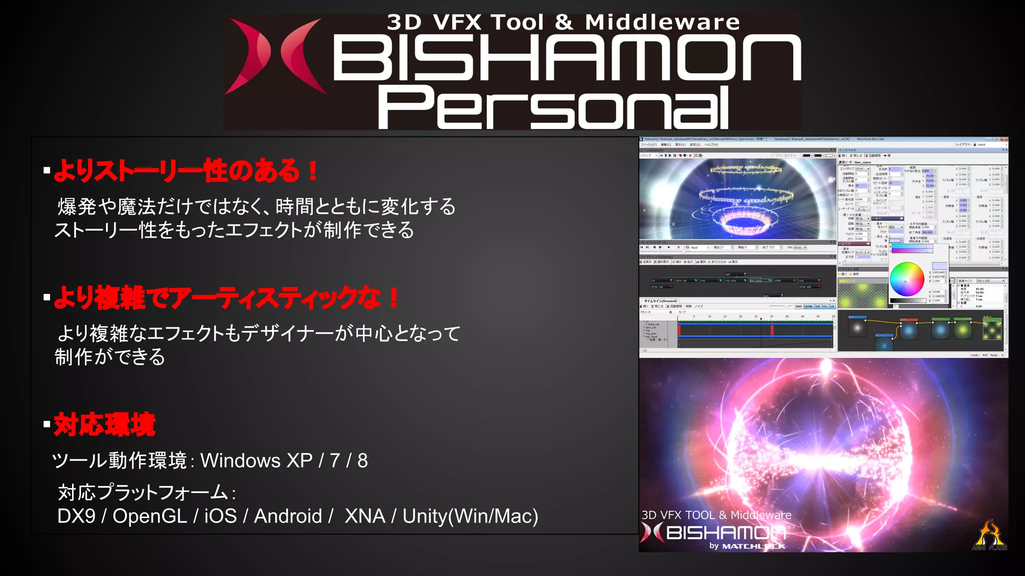 ・よりストーリー性のある！ 
爆発や魔法だけではなく、時間とともに変化する 
　ストーリー性をもったエフェクトが制作できる 
・より複雑でアーティスティックな！ 
より複雑なエフェクトもデザイナーが中心となって 
　制作ができる 
・対応環境 
ツール動作環境： Windows XP / 7 / 8 
対応プラットフォーム： 
DX9 / OpenGL / iOS / Android / XNA / Unity(Win/Mac) 
 