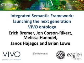 Integrated Semantic Framework:
launching the next generation
VIVO ontology
Erich Bremer, Jon Corson-Rikert,
Melissa Haendel,
Janos Hajagos and Brian Lowe
@ontowonka
net w o r k
 