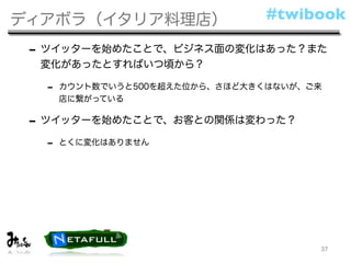 ディアボラ（イタリア料理店）                  #twibook

 - ツイッターを始めたことで、ビジネス面の変化はあった？また
  変化があったとすればいつ頃から？

  -   カウント数でいうと500を超えた位から、さほど大きくはないが、ご来
      店に繋がっている

 - ツイッターを始めたことで、お客との関係は変わった？
  -   とくに変化はありません




                                      37
 