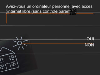 Avez-vous un ordinateur personnel avec accès
(internet libre (sans contrôle parental

OUI
NON

 