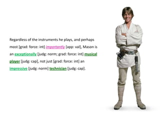 Regardless of the instruments he plays, and perhaps
most [grad: force: int] importantly [app: val], Mason is
an exceptionally [judg: norm; grad: force: int] musical
player [judg: cap], not just [grad: force: int] an
impressive [judg: norm] technician [judg: cap].
 