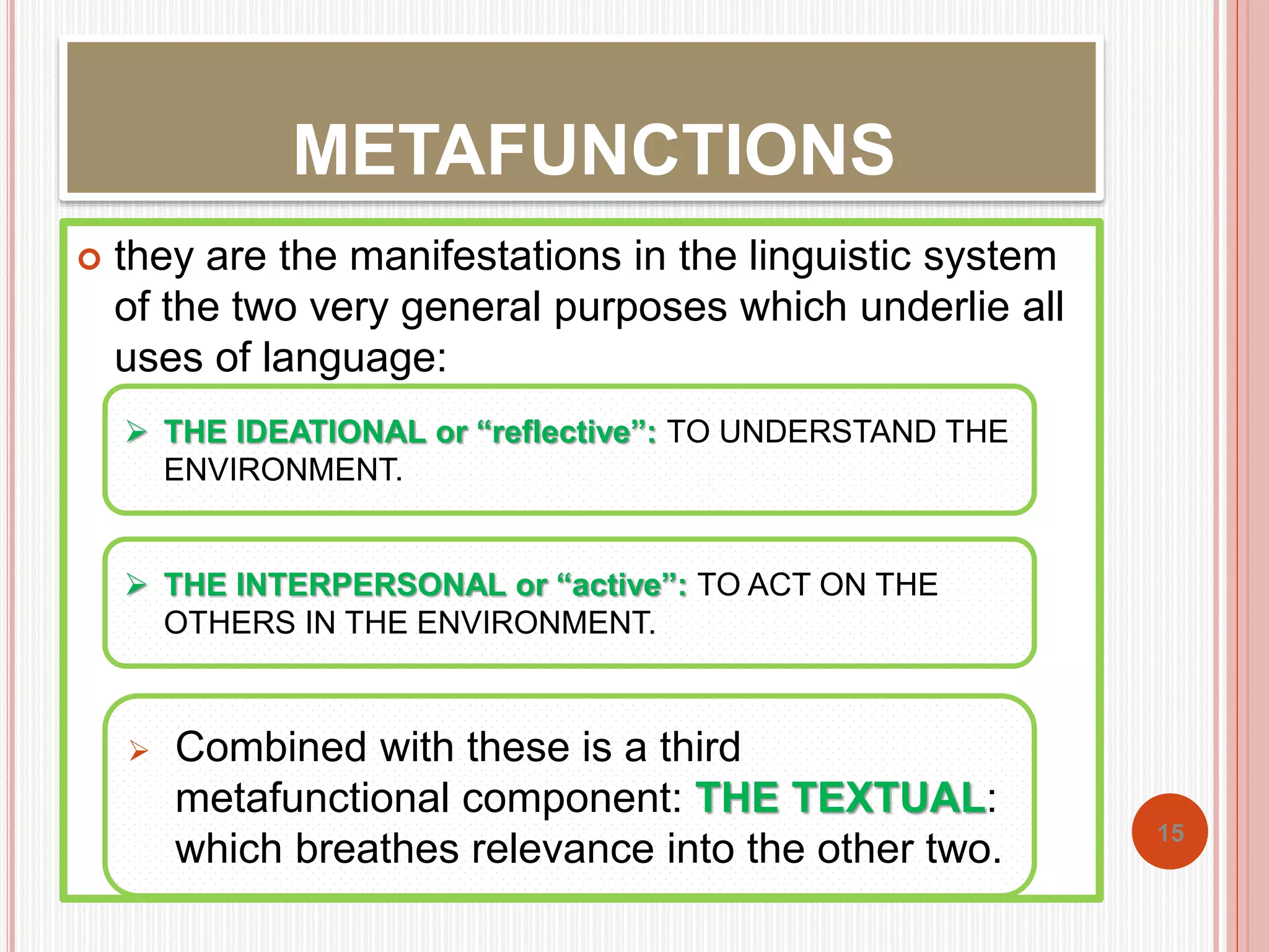 METAFUNCTIONS 
 they are the manifestations in the linguistic system 
of the two very general purposes which underlie all 
uses of language: 
15 
 THE IDEATIONAL or “reflective”: TO UNDERSTAND THE 
ENVIRONMENT. 
 THE INTERPERSONAL or “active”: TO ACT ON THE 
OTHERS IN THE ENVIRONMENT. 
 Combined with these is a third 
metafunctional component: THE TEXTUAL: 
which breathes relevance into the other two. 
 