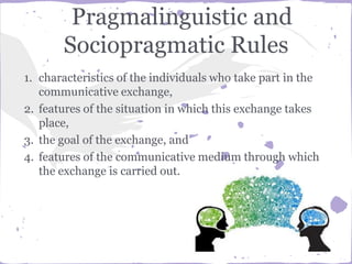 Pragmalinguistic and
Sociopragmatic Rules
1. characteristics of the individuals who take part in the
communicative exchange,
2. features of the situation in which this exchange takes
place,
3. the goal of the exchange, and
4. features of the communicative medium through which
the exchange is carried out.
 