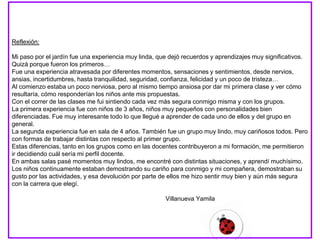 Reflexión:

Mi paso por el jardín fue una experiencia muy linda, que dejó recuerdos y aprendizajes muy significativos.
Quizá porque fueron los primeros…
Fue una experiencia atravesada por diferentes momentos, sensaciones y sentimientos, desde nervios,
ansias, incertidumbres, hasta tranquilidad, seguridad, confianza, felicidad y un poco de tristeza…
Al comienzo estaba un poco nerviosa, pero al mismo tiempo ansiosa por dar mi primera clase y ver cómo
resultaría, cómo responderían los niños ante mis propuestas.
Con el correr de las clases me fui sintiendo cada vez más segura conmigo misma y con los grupos.
La primera experiencia fue con niños de 3 años, niños muy pequeños con personalidades bien
diferenciadas. Fue muy interesante todo lo que llegué a aprender de cada uno de ellos y del grupo en
general.
La segunda experiencia fue en sala de 4 años. También fue un grupo muy lindo, muy cariñosos todos. Pero
con formas de trabajar distintas con respecto al primer grupo.
Estas diferencias, tanto en los grupos como en las docentes contribuyeron a mi formación, me permitieron
ir decidiendo cuál sería mi perfil docente.
En ambas salas pasé momentos muy lindos, me encontré con distintas situaciones, y aprendí muchísimo.
Los niños continuamente estaban demostrando su cariño para conmigo y mi compañera, demostraban su
gusto por las actividades, y esa devolución por parte de ellos me hizo sentir muy bien y aún más segura
con la carrera que elegí.

                                                       Villanueva Yamila
 