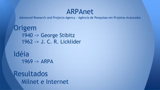 ARPAnet
Advanced Research and Projects Agency - Agência de Pesquisas em Projetos Avançados
Origem
1940 -> George Stibitz
1962 -> J. C. R. Licklider
Idéia
1969 -> ARPA
Resultados
Milnet e Internet
 