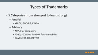 Types of Trademarks
• 5 Categories (from strongest to least strong)
– Fanciful
• XEROX, GOOGLE, EXXON
– Arbitrary
• APPLE for computers
• FORD, SEQUOIA, TUNDRA for automobiles
• CAMEL FOR CIGARETTES
 