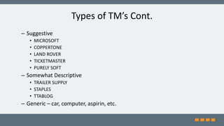 Types of TM’s Cont.
– Suggestive
• MICROSOFT
• COPPERTONE
• LAND ROVER
• TICKETMASTER
• PURELY SOFT
– Somewhat Descriptive
• TRAILER SUPPLY
• STAPLES
• TTABLOG
– Generic – car, computer, aspirin, etc.
 