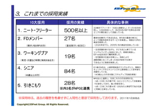 3．これまでの採用実績
          10大採用
          10大採用                          採用の
                                         採用の実績              具体的な
                                                            具体的な事例
                                                     32歳までフリーター（社会人経験なし）だったH氏を採
１．ニート・フリーター                             500名以上
                                        500名以上       用し、入社6年目にして、約250名の部下を束ねる中部
                                                     エリアの責任者として活躍している。


２．FDメンバー                                27名
                                        27名          重度知的障がいであるS氏は、持ち前の書道の実力に
                                                     よって感動を提供するサービスを実現し、時給910円の
                                                     賃金を実現した。
       （障がいをお持ちの方）                      （重度障がい者含む）   （2020年までに、25万円/月の賃金を目指している）

                                                     ・生活保護を受けながら、子どもを2人育てている

３．ワーキングプア                                            シングルファザーのM氏に対して、教育を実施し、
                                                     ISFnet仙台支店で雇用実現した。
                                        19名
                                        19名          ・在宅勤務の仕組みを導入し、持病により
  （育児・介護など時間に制約のある方）                                 通勤困難となってしまったA氏が自宅で仕事が
                                                     できるように環境を実現した。


４．シニア                                                61歳のN氏は、人事評価制度のコンサルタント、情報セ
                                                     キュリティマネジメントシステム事務局として定年後も
                                        84名
                                        84名          活躍をしている。
      （40歳以上の方）                                      （40歳以上の方を対象にスキルアップ支援を実施）

                                                     NPO法人と連携し、引きこもりの方を採用する。
                                                     ・S氏（ひきこもり暦７年）はエンジニアとしてお客様先
                                        28名
                                        28名          で仕事をしており、高い評価を頂く。
５．引きこもり                                              ・U氏（ひきこもり暦４年）は社内の人事部門で他の社員
                                    ※内3名がNPOと連携
                                         NPOと        と同様に仕事をしている。



 ※採用時は、過去の履歴を考慮せずに人間性と意欲で採用をしております。2011年1月末時点

Copyright©ISFnet Group. All Rights Reserved.
 