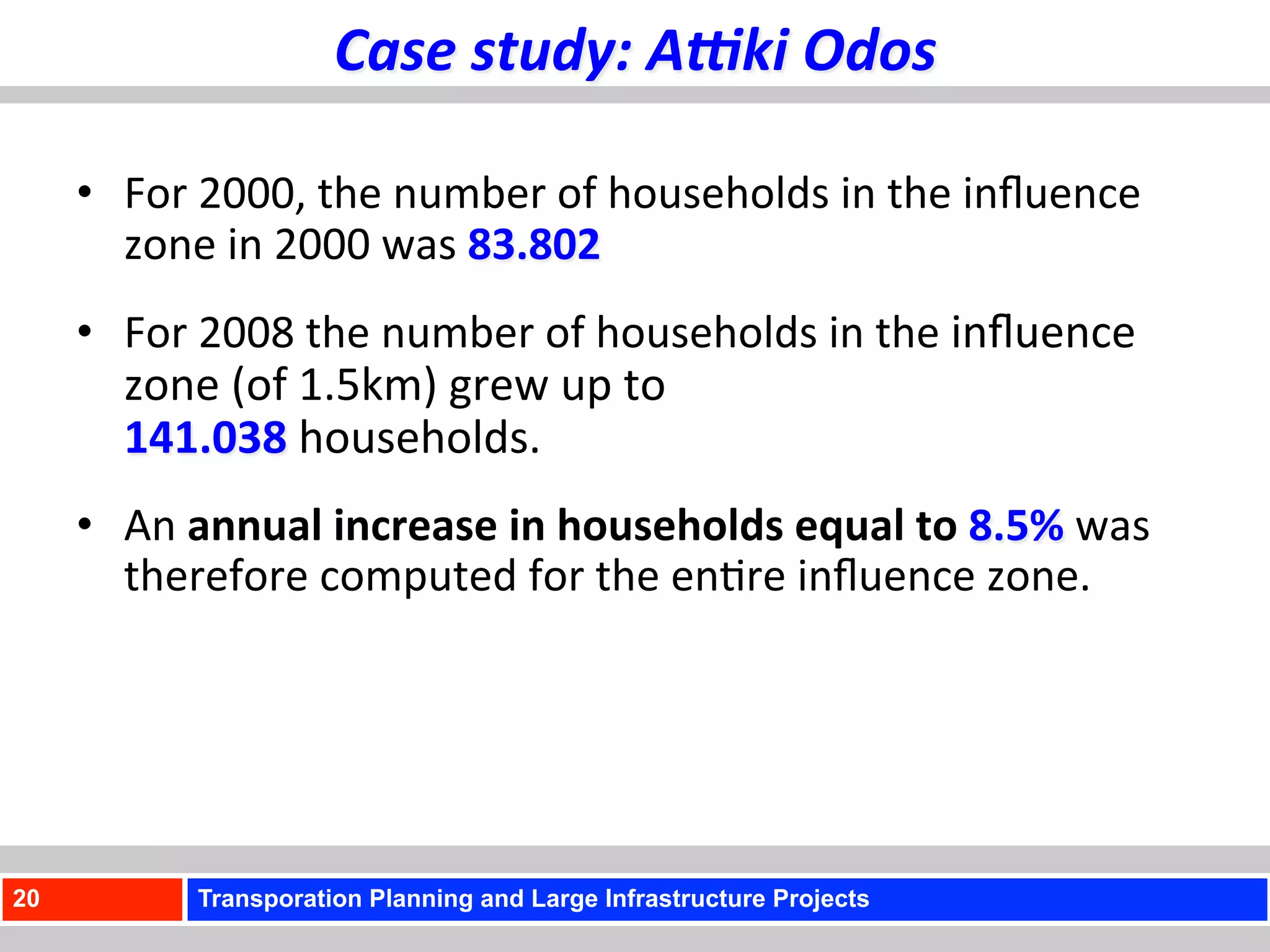 Case	
  study:	
  A<ki	
  Odos	
  

     •  For	
  2000,	
  the	
  number	
  of	
  households	
  in	
  the	
  inﬂuence	
  
        zone	
  in	
  2000	
  was	
  83.802	
  
     •  For	
  2008	
  the	
  number	
  of	
  households	
  in	
  the	
  inﬂuence	
  
        zone	
  (of	
  1.5km)	
  grew	
  up	
  to	
  	
  	
  
        141.038	
  households.	
  
     •  An	
  annual	
  increase	
  in	
  households	
  equal	
  to	
  8.5%	
  was	
  
        therefore	
  computed	
  for	
  the	
  en)re	
  inﬂuence	
  zone.	
  	
  




20            Transporation Planning and Large Infrastructure Projects
 