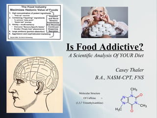 Is Food Addictive?
A Scientific Analysis Of YOUR Diet
Casey Thaler
B.A., NASM-CPT, FNS
Molecular Structure
Of Caffeine
(1,3,7 Trimethylxanthine)
>
 