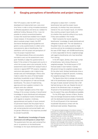 3         Gauging perceptions of beneficiaries and project impacts1



FAO TCP projects under the ISFP were                    willingness to adopt them: i) whether
developed and implemented over a very short             beneficiaries had used the project inputs
time frame in order to bring immediate assistance       previously; (ii) whether they were previously
to affected populations and serve as a catalyst for     trained on the use of project inputs; (iii) whether
additional funding. Because of this, it was not         they could buy project inputs locally; and
possible to conduct conventional baseline               (iv) whether they would be willing to buy inputs,
surveys that would have enabled more in-depth           if they were available in the market.
impact analysis. In the absence of such baseline            Table 3 presents the results regarding
data to evaluate project impact, the ISFP               beneficiaries’ knowledge of seeds distributed and
Secretariat developed general guidelines and            willingness to adopt them. The main deviations to
generic survey questionnaires to collect some           the global mean are usually caused by single
socio-economic data on beneficiaries, their             countries and can be considered as exceptions. In
satisfaction with the project and perceptions of        the case of RAP, Nepal, with 36 864 beneficiaries,
how the project impacted them.                          is mainly responsible for the low weighted average
    FAO decentralized offices and consultants           with regard to beneficiaries who have benefited
recruited to carry out the assessments were             from training.
given flexibility to adapt the questionnaires to            In the SFS region, Zambia, with a high number
better fit the context of the project and country in    of beneficiaries, had a strong influence on
which the surveys were to be conducted. As the          weighted averages. The limited access to TCP
assessments were funded from residual funds of          financed seeds in local markets in Zambia
national or regional ISFP TCP projects, budgetary       (25 percent) brings the weighted average down.
restrictions also played a role in determining          On the other hand, Zambian beneficiaries show a
sample sizes and methodologies. Efforts were            high willingness to adopt (91 percent), increasing
made to collect the views of female-headed              the weighted average of this indicator.
beneficiary households to see if differences                The figures show that on average only around
existed in the perceptions of male and female           half of the beneficiaries had previous contact with
beneficiaries. The views of implementing                the type of seeds received2 and less than a half
agencies and input suppliers involved in the            had had training on their use. Despite the lack of
projects were also collected.                           access to the distributed crops, an average of
    This chapter highlights some of the major           70 percent of the beneficiaries would be willing to
findings of the surveys including: (i) beneficiaries’   buy the seeds if they were affordable and available.
knowledge of inputs distributed and willingness             For the SFW region, farmers of Benin, Burkina
to adopt; (ii) satisfaction levels of beneficiaries     Faso and Senegal showed low levels of familiarity
with regards to reception, timeliness,                  with the distributed improved varieties: respectively
appropriateness and quality of inputs received;         18, 32 and 20 percent of the interviewed
(iii) perceived impacts that the project had on         households had previous contact with the
crop production, accessibility to food, ability to      distributed seed varieties. Respectively,
sell, animal production and animal health; and
(iv) gender differences in the responses provided       1 The regional and global averages of the different indicators
                                                        presented in this chapter are weighted according to the number
by sample households.                                   of beneficiaries of each project; the exception being Section 3.1 in
                                                        which both straight and weighted averages are presented, due to
                                                        significant differences in some of the figures.
3.1 Beneficiaries’ knowledge of inputs                  2 Depending on the countries, type of seed might refer to
distributed and willingness to adopt them               either crop or variety. In many countries where improved seed
                                                        varieties of traditional crops were distributed, the question
The questionnaire that was used contained four          focused on the knowledge of the varieties. In countries where
                                                        crops that were not the main local staple crop were distributed
yes or no questions on the beneficiaries’               (e.g. vegetable seeds) the question concerned the knowledge of
knowledge on the inputs distributed and the             those crops.



                                                                                                                               15
 