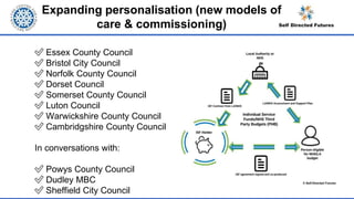 Expanding personalisation (new models of
care & commissioning)
✅ Essex County Council
✅ Bristol City Council
✅ Norfolk County Council
✅ Dorset Council
✅ Somerset County Council
✅ Luton Council
✅ Warwickshire County Council
✅ Cambridgshire County Council
In conversations with:
✅ Powys County Council
✅ Dudley MBC
✅ Sheffield City Council
© Self-Directed Futures
 