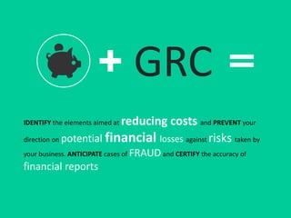 IDENTIFY the elements aimed at reducing costs and PREVENT your
direction on potential financial losses against risks taken by
your business. ANTICIPATE cases of FRAUD and CERTIFY the accuracy of
financial reports
GRC
 