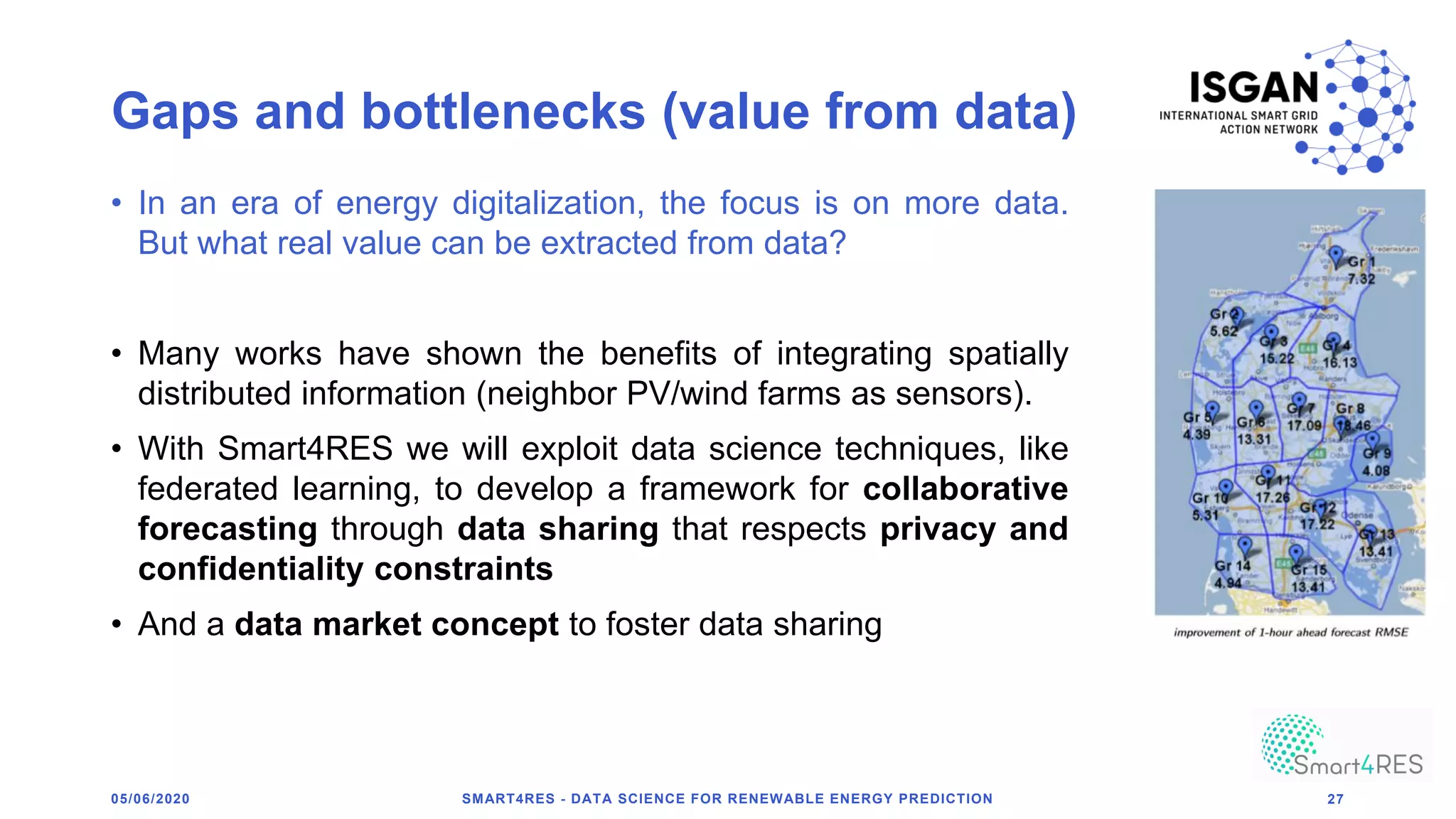 Gaps and bottlenecks (value from data)
05/06/2020 SMART4RES - DATA SCIENCE FOR RENEWABLE ENERGY PREDICTION 27
• In an era of energy digitalization, the focus is on more data.
But what real value can be extracted from data?
• Many works have shown the benefits of integrating spatially
distributed information (neighbor PV/wind farms as sensors).
• With Smart4RES we will exploit data science techniques, like
federated learning, to develop a framework for collaborative
forecasting through data sharing that respects privacy and
confidentiality constraints
• And a data market concept to foster data sharing
 