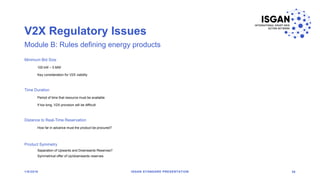 V2X Regulatory Issues
1/8/2018 ISGAN STANDARD PRESENTATION 36
Module B: Rules defining energy products
Minimum Bid Size
100 kW – 5 MW
Key consideration for V2X viability
Time Duration
Period of time that resource must be available
If too long, V2X provision will be difficult
Distance to Real-Time Reservation
How far in advance must the product be procured?
Product Symmetry
Separation of Upwards and Downwards Reserves?
Symmetrical offer of Up/downwards reserves
 