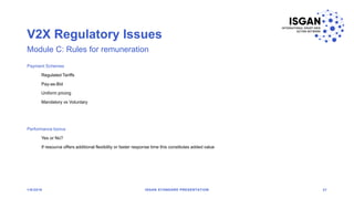 V2X Regulatory Issues
1/8/2018 ISGAN STANDARD PRESENTATION 37
Module C: Rules for remuneration
Payment Schemes
Regulated Tariffs
Pay-as-Bid
Uniform pricing
Mandatory vs Voluntary
Performance bonus
Yes or No?
If resource offers additional flexibility or faster response time this constitutes added value
 