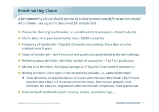 ĞŶĐŚŵĂƌŬŝŶŐ ůĂƵƐĞ
  ďĞŶĐŚŵĂƌŬŝŶŐ ĐůĂƵƐĞ ƐŚŽƵůĚ ĐŽŶƐŝƐƚ ŽĨ Ă ĐůĞĂƌ ƉƌŽĐĞƐƐ ĂŶĚ ĚĞĨŝŶĞĚ ĂĐƚŝŽŶƐ ďĂƐĞĚ
ŽŶ ŽƵƚĐŽŵĞ Ͳ ƐĞĞ ƐĞƉĂƌĂƚĞ ĚŽĐƵŵĞŶƚ ĨŽƌ ƐĂŵƉůĞ ƚĞǆƚ

Ź WƌŽĐĞƐƐ ĨŽƌ ĐŚŽŽƐŝŶŐ ďĞŶĐŚŵĂƌŬĞƌ͕ ŝ͘Ğ͘ ƉƌĞĚĞĨŝŶĞĚ ůŝƐƚ ŽĨ ĐŽŵƉĂŶŝĞƐ Ͳ ůŝĞŶƚ ƚŽ ĚĞĐŝĚĞ
Ź ůĂƌŝƚǇ ĂďŽƵƚ ǁŚŽ ƉĂǇƐ ďĞŶĐŚŵĂƌŬĞƌ ĨĞĞƐ ʹ ϱϬͬϱϬ ŝƐ ŵŽƐƚ ĨĂŝƌ
Ź ƌĞƋƵĞŶĐǇ ŽĨ ďĞŶĐŚŵĂƌŬ ʹ dǇƉŝĐĂůůǇ ϭϴ ŵŽŶƚŚƐ ŝŶƚŽ ĐŽŶƚƌĂĐƚ͘ DŽƌĞ ƚŚĞŶ ŽŶĐĞ ĨŽƌ
  ĐŽŶƚƌĂĐƚƐ ŽǀĞƌ ϱ ǇĞĂƌƐ͘
Ź ^ĐŽƉĞ ŽĨ ďĞŶĐŚŵĂƌŬ ʹ ĚŽŶ͛ƚ ŵŝǆ ƉƌŝĐĞ ĂŶĚ ƋƵĂůŝƚǇ ĂŶĚ ĂǀŽŝĚ ĚŝĐƚĂƚŝŶŐ ƚŚĞ ŵĞƚŚŽĚŽůŽŐǇ
Ź ZĞĨĞƌĞŶĐĞ ŐƌŽƵƉ ĚĞĨŝŶŝƚŝŽŶ͘ DŝŶͬDĂǆ ŶƵŵďĞƌ ŽĨ ĐŽŵƉĂŶŝĞƐ ʹ ϱ ƚŽ ϳ ŝƐ Ă ŐŽŽĚ ǀĂůƵĞ
Ź DĂƌŬĞƚ ƉƌŝĐĞ ĚĞĨŝŶŝƚŝŽŶ͘ ZĞĨ 'ƌŽƵƉ ǀĞƌĂŐĞ ǀƐ ϭƐƚ YƵĂƌƚŝůĞ ;ŵŽƐƚ ƵƐĞĚ ŝŶ ƚĞůĞĐŽŵŵƐͿ
Ź ŝŶĚŝŶŐ ŽƵƚĐŽŵĞ͘ ůŝĞŶƚ ƌŝŐŚƚƐ ŝĨ ŶŽƚ ĂĐĐĞƉƚĞĚ ďǇ ƉƌŽǀŝĚĞƌ͕ ŝ͘Ğ͘ ƉĂƌƚŝĂů ƚĞƌŵŝŶĂƚŝŽŶ
      ƒ ůĞĂƌ ĚĞĨŝŶŝƚŝŽŶ ŽĨ ŝŵƉůĞŵĞŶƚĂƚŝŽŶ ŽĨ ƌĞƐƵůƚƐ ǁŝƚŚ ƚŽůĞƌĂŶĐĞ ƚŚƌĞƐŚŽůĚ͗ /Ĩ ďĞŶĐŚŵĂƌŬ
        ŝŶĚŝĐĂƚĞƐ ŵŽƌĞ ƚŚĂŶ ϱͲϴ й ǀĂƌŝĂŶĐĞ ĨƌŽŵ ƚŚĞ ŵĞĂŶ͕ ƚŚĞŶ ƐĞƌǀŝĐĞ ƉƌŽǀŝĚĞƌ ƐŚĂůů
        ĞůŝŵŝŶĂƚĞ ƚŚĞ ǀĂƌŝĂŶĐĞ͖ ŶĞŐŽƚŝĂƚŝŽŶƐ ĂĨƚĞƌ ďĞŶĐŚŵĂƌŬ ĐŽŵƉůĞƚŝŽŶ ŝƐ ŶŽƚ ĂƉƉƌŽƉƌŝĂƚĞ
Ź 'ƌĂŶƵůĂƌŝƚǇ ŽĨ ďĞŶĐŚŵĂƌŬ ƌĞƉŽƌƚ͘ ŽƵŶƚƌǇ͕ ƐĞƌǀŝĐĞ͕ ĐŽŶŶĞĐƚŝŽŶ ƚǇƉĞ͕͘͘͘


ŽƉǇƌŝŐŚƚ Ξ ϮϬϭϯ /ŶĨŽƌŵĂƚŝŽŶ ^ĞƌǀŝĐĞƐ 'ƌŽƵƉ͕ /ŶĐ͘ ůů ZŝŐŚƚƐ ZĞƐĞƌǀĞĚ                           ϭϳ
 