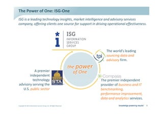 dŚĞ WŽǁĞƌ ŽĨ KŶĞ͗ /^'ͲKŶĞ
/^' ŝƐ Ă ůĞĂĚŝŶŐ ƚĞĐŚŶŽůŽŐǇ ŝŶƐŝŐŚƚƐ͕ ŵĂƌŬĞƚ ŝŶƚĞůůŝŐĞŶĐĞ ĂŶĚ ĂĚǀŝƐŽƌǇ ƐĞƌǀŝĐĞƐ
ĐŽŵƉĂŶǇ͕ ŽĨĨĞƌŝŶŐ ĐůŝĞŶƚƐ ŽŶĞ ƐŽƵƌĐĞ ĨŽƌ ƐƵƉƉŽƌƚ ŝŶ ĚƌŝǀŝŶŐ ŽƉĞƌĂƚŝŽŶĂů ĞĨĨĞĐƚŝǀĞŶĞƐƐ͘




                                                                                           dŚĞ ǁŽƌůĚ͛Ɛ ůĞĂĚŝŶŐ
                                                                                           ƐŽƵƌĐŝŶŐ ĚĂƚĂ ĂŶĚ
                                                                                           ĂĚǀŝƐŽƌǇ Ĩŝƌŵ͘
                                                                            ƚŚĞ ƉŽǁĞƌ
            ƉƌĞŵŝĞƌ                                                           ŽĨ KŶĞ
       ŝŶĚĞƉĞŶĚĞŶƚ
         ƚĞĐŚŶŽůŽŐǇ                                                                     dŚĞ ƉƌĞŵŝĞƌ ŝŶĚĞƉĞŶĚĞŶƚ
ĂĚǀŝƐŽƌǇ ƐĞƌǀŝŶŐ ƚŚĞ                                                   dD
                                                                                        ƉƌŽǀŝĚĞƌ ŽĨ ďƵƐŝŶĞƐƐ ĂŶĚ /d
  h͘^͘ ƉƵďůŝĐ ƐĞĐƚŽƌ                                                                    ďĞŶĐŚŵĂƌŬŝŶŐ͕
                                                                                        ƉĞƌĨŽƌŵĂŶĐĞ ŝŵƉƌŽǀĞŵĞŶƚ͕
                                                                                        ĚĂƚĂ ĂŶĚ ĂŶĂůǇƚŝĐƐ ƐĞƌǀŝĐĞƐ͘
ŽƉǇƌŝŐŚƚ Ξ ϮϬϭϯ /ŶĨŽƌŵĂƚŝŽŶ ^ĞƌǀŝĐĞƐ 'ƌŽƵƉ͕ /ŶĐ͘ ůů ZŝŐŚƚƐ ZĞƐĞƌǀĞĚ                                                   ϰ
 