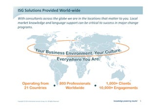 /^' ^ŽůƵƚŝŽŶƐ WƌŽǀŝĚĞĚ tŽƌůĚͲǁŝĚĞ
tŝƚŚ ĐŽŶƐƵůƚĂŶƚƐ ĂĐƌŽƐƐ ƚŚĞ ŐůŽďĞ ǁĞ ĂƌĞ ŝŶ ƚŚĞ ůŽĐĂƚŝŽŶƐ ƚŚĂƚ ŵĂƚƚĞƌ ƚŽ ǇŽƵ͘ ŽĐĂů
ŵĂƌŬĞƚ ŬŶŽǁůĞĚŐĞ ĂŶĚ ůĂŶŐƵĂŐĞ ƐƵƉƉŽƌƚ ĐĂŶ ďĞ ĐƌŝƚŝĐĂů ƚŽ ƐƵĐĐĞƐƐ ŝŶ ŵĂũŽƌ ĐŚĂŶŐĞ
ƉƌŽŐƌĂŵƐ͘




       2SHUDWLQJ IURP                                                   3URIHVVLRQDOV        OLHQWV
         RXQWULHV                                                      :RUOGZLGH         (QJDJHPHQWV


ŽƉǇƌŝŐŚƚ Ξ ϮϬϭϯ /ŶĨŽƌŵĂƚŝŽŶ ^ĞƌǀŝĐĞƐ 'ƌŽƵƉ͕ /ŶĐ͘ ůů ZŝŐŚƚƐ ZĞƐĞƌǀĞĚ                                             ϱ
 