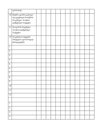 გამოსახავს. 
10 წიგნში, კლასში გაკრული 
პლაკატებიდან მოძებნოს 
მოცემული ასოებით 
დაწყებული სიტყვები; 
11 მოიგონოს მოცემული 
ასოებით დაწყებული 
სიტყვები; 
12 მოცემული სიტყვების 
მიხედვით ააგოს მარტივი 
წინადადებები 
1 
2 
3 
4 
5 
6 
7 
8 
9 
10 
11 
12 
1 
2 
3 
4 
 