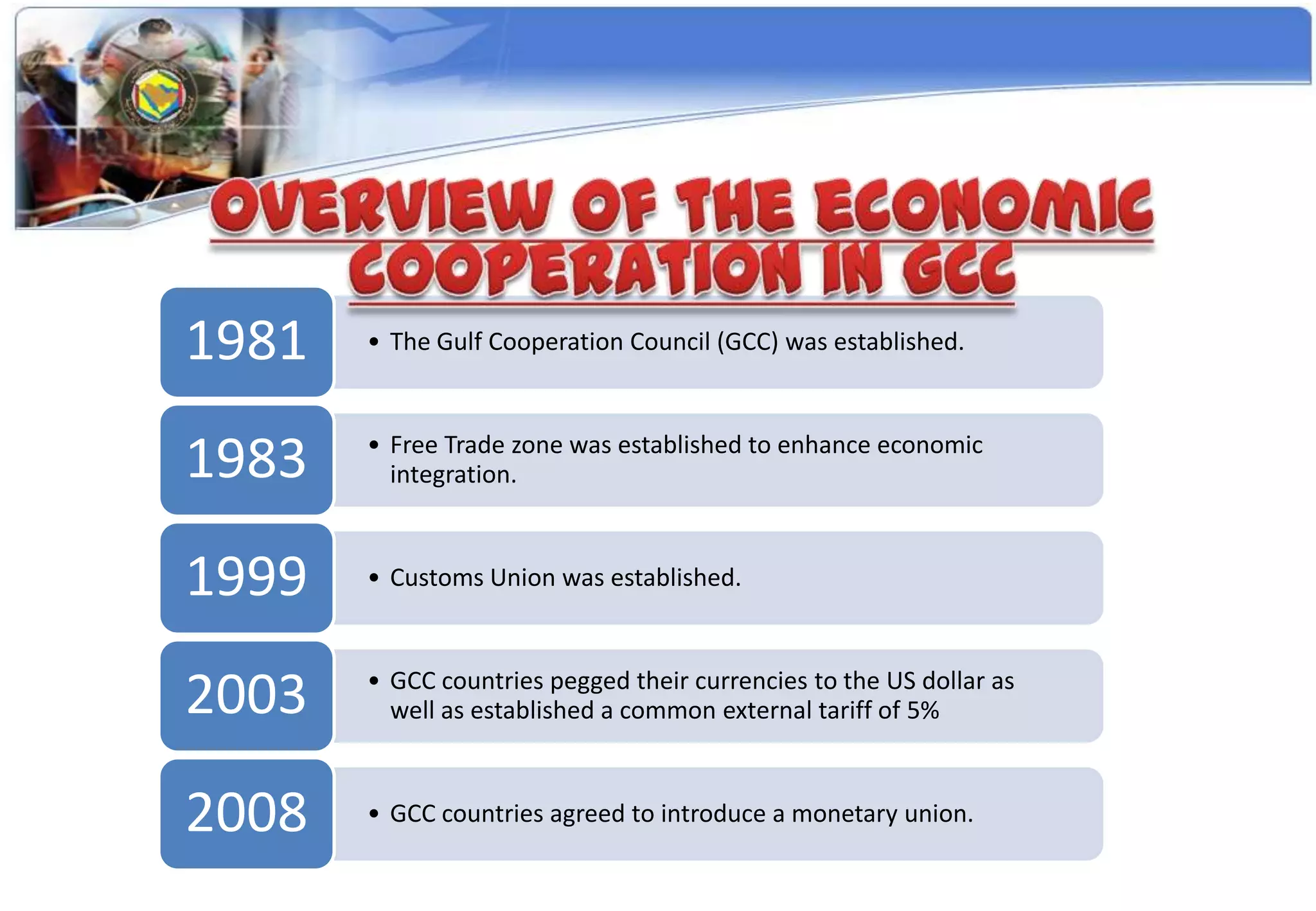 1981   • The Gulf Cooperation Council (GCC) was established.



1983   • Free Trade zone was established to enhance economic
         integration.



1999   • Customs Union was established.



2003   • GCC countries pegged their currencies to the US dollar as
         well as established a common external tariff of 5%



2008   • GCC countries agreed to introduce a monetary union.
 