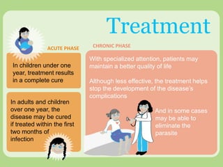Treatment
ACUTE PHASE CHRONIC PHASE
In adults and children
over one year, the
disease may be cured
if treated within the first
two months of
infection
With specialized attention, patients may
maintain a better quality of life
Although less effective, the treatment helps
stop the development of the disease’s
complications
And in some cases
may be able to
eliminate the
parasite
In children under one
year, treatment results
in a complete cure
 