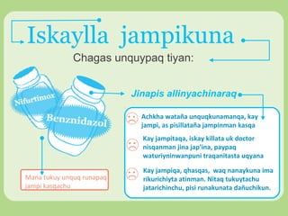 Iskaylla jampikuna
Chagas unquypaq tiyan:
Jinapis allinyachinaraq
Achkha wataña unquqkunamanqa, kay
jampi, as pisillataña jampinman kasqa
Kay jampitaqa, iskay killata uk doctor
nisqanman jina jap’ina, paypaq
waturiyninwanpuni traqanitasta uqyana
Mana tukuy unquq runapaq
jampi kasqachu

Kay jampiqa, qhasqas, waq nanaykuna ima
rikurichiyta atinman. Nitaq tukuytachu
jatarichinchu, pisi runakunata dañuchikun.

 