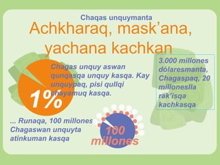 Chaqas unquymanta

Achkharaq, mask’ana,
yachana kachkan
Chagas unquy aswan
qunqasqa unquy kasqa. Kay
unquypaq, pisi qullqi
chayamuq kasqa.

... Runaqa, 100 millones,
Chagaswan unquyta
atinkuman kasqa

3.000 millones
dólaresmanta,
Chagaspaq, 20
milloneslla
rak’isqa
kachkasqa

 