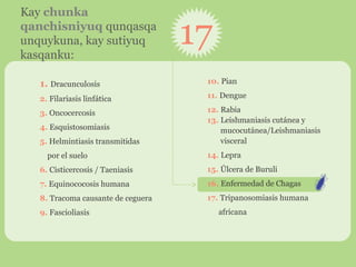 Kay chunka
qanchisniyuq qunqasqa
unquykuna, kay sutiyuq
kasqanku:

17

1. Dracunculosis

10. Pian

2. Filariasis linfática

11. Dengue

3. Oncocercosis

12. Rabia
13. Leishmaniasis cutánea y
mucocutánea/Leishmaniasis
visceral

4. Esquistosomiasis
5. Helmintiasis transmitidas
por el suelo

14. Lepra

6. Cisticercosis / Taeniasis

15. Úlcera de Buruli

7. Equinococosis humana

16. Enfermedad de Chagas

8. Tracoma causante de ceguera

17. Tripanosomiasis humana

9. Fascioliasis

africana

 