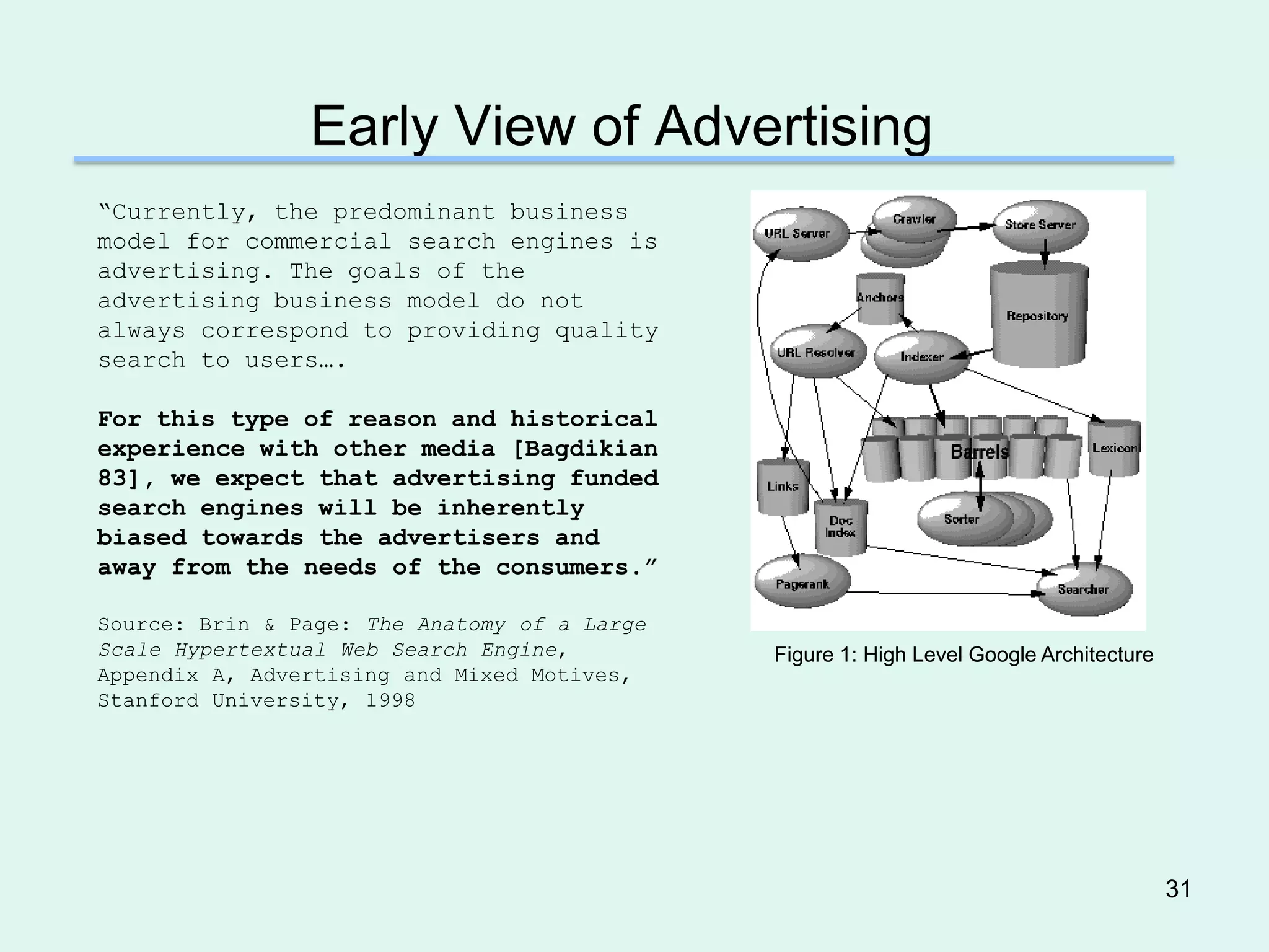 Early View of Advertising
―Currently, the predominant business
model for commercial search engines is
advertising. The goals of the
advertising business model do not
always correspond to providing quality
search to users….

For this type of reason and historical
experience with other media [Bagdikian
83], we expect that advertising funded
search engines will be inherently
biased towards the advertisers and
away from the needs of the consumers.”

Source: Brin & Page: The Anatomy of a Large
Scale Hypertextual Web Search Engine,         Figure 1: High Level Google Architecture
Appendix A, Advertising and Mixed Motives,
Stanford University, 1998




                                                                                         31
 