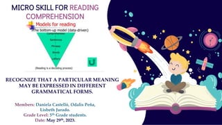 MICRO SKILL FOR READING
COMPREHENSION
RECOGNIZE THAT A PARTICULAR MEANING
MAY BE EXPRESSED IN DIFFERENT
GRAMMATICAL FORMS.
Members: Daniela Castelló, Odalis Peña,
Lisbeth Jurado.
Grade Level: 5th Grade students.
Date: May 29th, 2023.
 