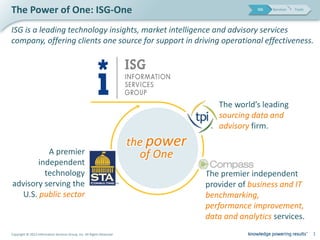 The Power of One: ISG-One                                                                              ISG   Services   Tools




ISG is a leading technology insights, market intelligence and advisory services
company, offering clients one source for support in driving operational effectiveness.




                                                                                            The world’s leading
                                                                                            sourcing data and
                                                                                            advisory firm.
                                                                             the power
          A premier                                                            of One
       independent
         technology                                                                      The premier independent
advisory serving the                                                    TM
                                                                                         provider of business and IT
  U.S. public sector                                                                     benchmarking,
                                                                                         performance improvement,
                                                                                         data and analytics services.
Copyright © 2012 Information Services Group, Inc. All Rights Reserved                                                           1
 