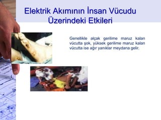 Genellikle alçak gerilime maruz kalan
vücutta şok, yüksek gerilime maruz kalan
vücutta ise ağır yanıklar meydana gelir.
Elektrik Akımının İnsan Vücudu
Üzerindeki Etkileri
 