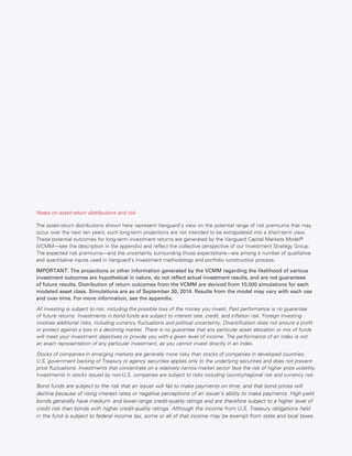 Notes on asset-return distributions and risk
The asset-return distributions shown here represent Vanguard’s view on the potential range of risk premiums that may
occur over the next ten years; such long-term projections are not intended to be extrapolated into a short-term view.
These potential outcomes for long-term investment returns are generated by the Vanguard Capital Markets Model®
(VCMM—see the description in the appendix) and reflect the collective perspective of our Investment Strategy Group.
The expected risk premiums—and the uncertainty surrounding those expectations—are among a number of qualitative
and quantitative inputs used in Vanguard’s investment methodology and portfolio construction process.
IMPORTANT: The projections or other information generated by the VCMM regarding the likelihood of various
investment outcomes are hypothetical in nature, do not reflect actual investment results, and are not guarantees
of future results. Distribution of return outcomes from the VCMM are derived from 10,000 simulations for each
modeled asset class. Simulations are as of September 30, 2014. Results from the model may vary with each use
and over time. For more information, see the appendix.
All investing is subject to risk, including the possible loss of the money you invest. Past performance is no guarantee
of future returns. Investments in bond funds are subject to interest rate, credit, and inflation risk. Foreign investing
involves additional risks, including currency fluctuations and political uncertainty. Diversification does not ensure a profit
or protect against a loss in a declining market. There is no guarantee that any particular asset allocation or mix of funds
will meet your investment objectives or provide you with a given level of income. The performance of an index is not
an exact representation of any particular investment, as you cannot invest directly in an index.
Stocks of companies in emerging markets are generally more risky than stocks of companies in developed countries.
U.S. government backing of Treasury or agency securities applies only to the underlying securities and does not prevent
price fluctuations. Investments that concentrate on a relatively narrow market sector face the risk of higher price volatility.
Investments in stocks issued by non-U.S. companies are subject to risks including country/regional risk and currency risk.
Bond funds are subject to the risk that an issuer will fail to make payments on time, and that bond prices will
decline because of rising interest rates or negative perceptions of an issuer’s ability to make payments. High-yield
bonds generally have medium- and lower-range credit-quality ratings and are therefore subject to a higher level of
credit risk than bonds with higher credit-quality ratings. Although the income from U.S. Treasury obligations held
in the fund is subject to federal income tax, some or all of that income may be exempt from state and local taxes.
 