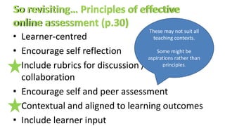• Learner-centred
• Encourage self reflection
• Include rubrics for discussion / assignments /
collaboration
• Encourage self and peer assessment
• Contextual and aligned to learning outcomes
• Include learner input
These may not suit all
teaching contexts.
Some might be
aspirations rather than
principles.
 