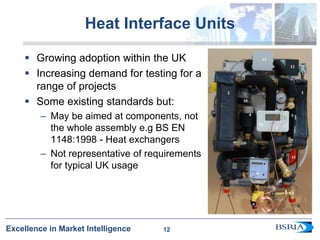 12
Excellence in Market Intelligence
Heat Interface Units
 Growing adoption within the UK
 Increasing demand for testing for a
range of projects
 Some existing standards but:
– May be aimed at components, not
the whole assembly e.g BS EN
1148:1998 - Heat exchangers
– Not representative of requirements
for typical UK usage
12
 