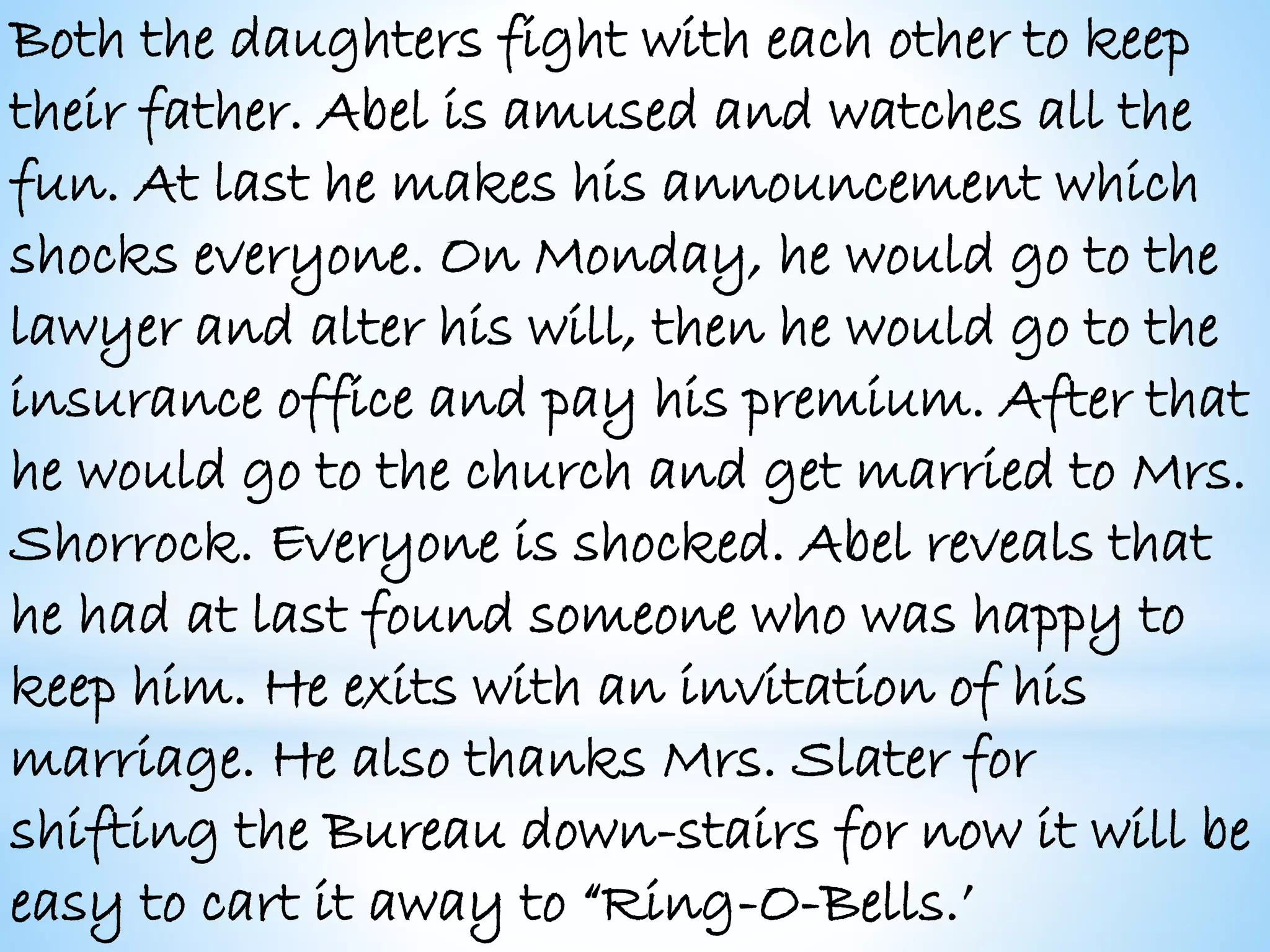 Both the daughters fight with each other to keep
their father. Abel is amused and watches all the
fun. At last he makes his announcement which
shocks everyone. On Monday, he would go to the
lawyer and alter his will, then he would go to the
insurance office and pay his premium. After that
he would go to the church and get married to Mrs.
Shorrock. Everyone is shocked. Abel reveals that
he had at last found someone who was happy to
keep him. He exits with an invitation of his
marriage. He also thanks Mrs. Slater for
shifting the Bureau down-stairs for now it will be
easy to cart it away to “Ring-O-Bells.’
 