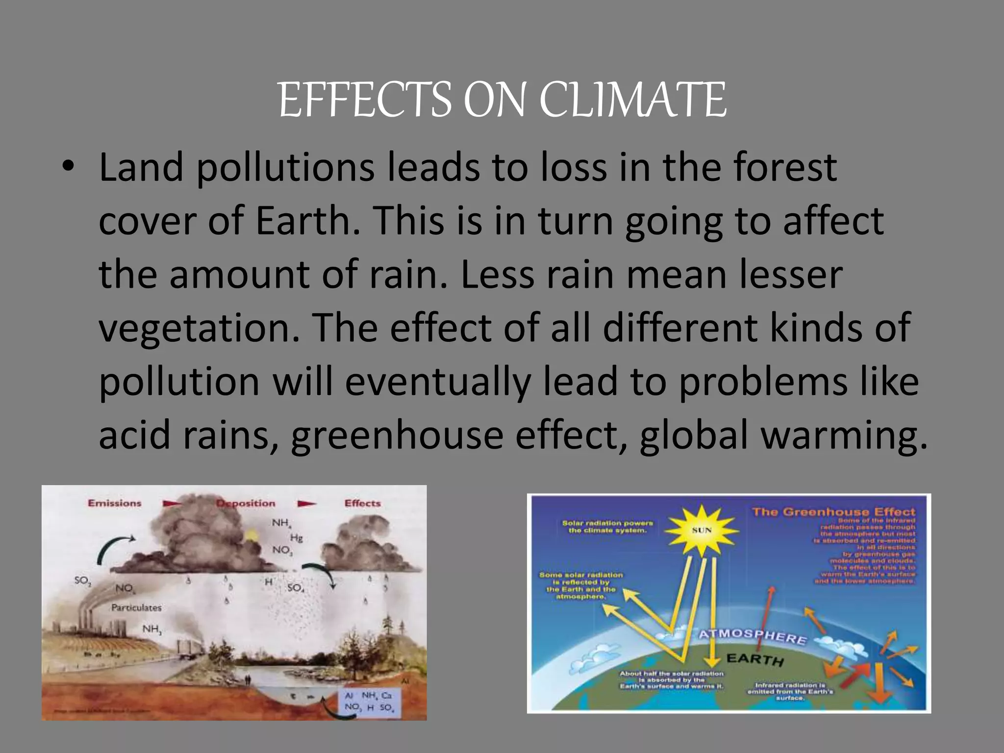 EFFECTS ON CLIMATE
• Land pollutions leads to loss in the forest
cover of Earth. This is in turn going to affect
the amount of rain. Less rain mean lesser
vegetation. The effect of all different kinds of
pollution will eventually lead to problems like
acid rains, greenhouse effect, global warming.
 