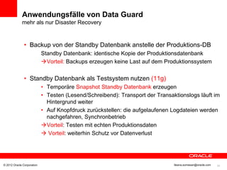 Anwendungsfälle von Data Guard
             mehr als nur Disaster Recovery



               • Backup von der Standby Datenbank anstelle der Produktions-DB
                            Standby Datenbank: identische Kopie der Produktionsdatenbank
                            Vorteil: Backups erzeugen keine Last auf dem Produktionssystem


               • Standby Datenbank als Testsystem nutzen (11g)
                            • Temporäre Snapshot Standby Datenbank erzeugen
                            • Testen (Lesend/Schreibend): Transport der Transaktionslogs läuft im
                              Hintergrund weiter
                            • Auf Knopfdruck zurückstellen: die aufgelaufenen Logdateien werden
                              nachgefahren, Synchronbetrieb
                            Vorteil: Testen mit echten Produktionsdaten
                             Vorteil: weiterhin Schutz vor Datenverlust




© 2012 Oracle Corporation                                                      Ileana.somesan@oracle.com   24
 