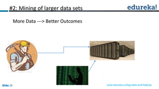 Slide 20Slide 20Slide 20 www.edureka.co/big-data-and-hadoop
#2: Mining of larger data sets
More Data ---> Better Outcomes
 