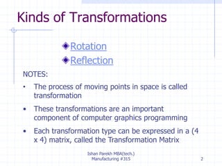 Kinds of Transformations
Rotation
Reflection
• The process of moving points in space is called
transformation
• These transformations are an important
component of computer graphics programming
• Each transformation type can be expressed in a (4
x 4) matrix, called the Transformation Matrix
NOTES:
Ishan Parekh MBA(tech.)
Manufacturing #315 2
 
