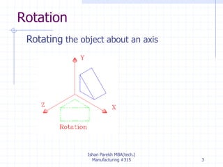 Rotation
Rotating the object about an axis
Ishan Parekh MBA(tech.)
Manufacturing #315 3
 