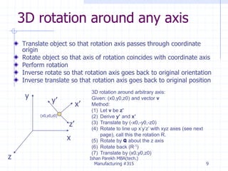 3D rotation around any axis
Translate object so that rotation axis passes through coordinate
origin
Rotate object so that axis of rotation coincides with coordinate axis
Perform rotation
Inverse rotate so that rotation axis goes back to original orientation
Inverse translate so that rotation axis goes back to original position
x
y
z
y’
x’
z’
(x0,y0,z0)
3D rotation around arbitrary axis:
Given: (x0,y0,z0) and vector v
Method:
(1) Let v be z’
(2) Derive y’ and x’
(3) Translate by (-x0,-y0,-z0)
(4) Rotate to line up x’y’z’ with xyz axes (see next
page), call this the rotation R.
(5) Rotate by q about the z axis
(6) Rotate back (R-1)
(7) Translate by (x0,y0,z0)
Ishan Parekh MBA(tech.)
Manufacturing #315 9
 