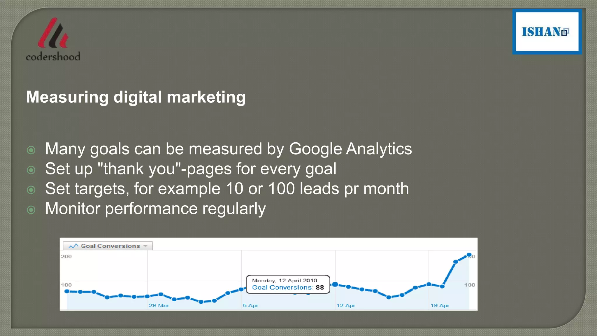 Measuring digital marketing
 Many goals can be measured by Google Analytics
 Set up "thank you"-pages for every goal
 Set targets, for example 10 or 100 leads pr month
 Monitor performance regularly
 