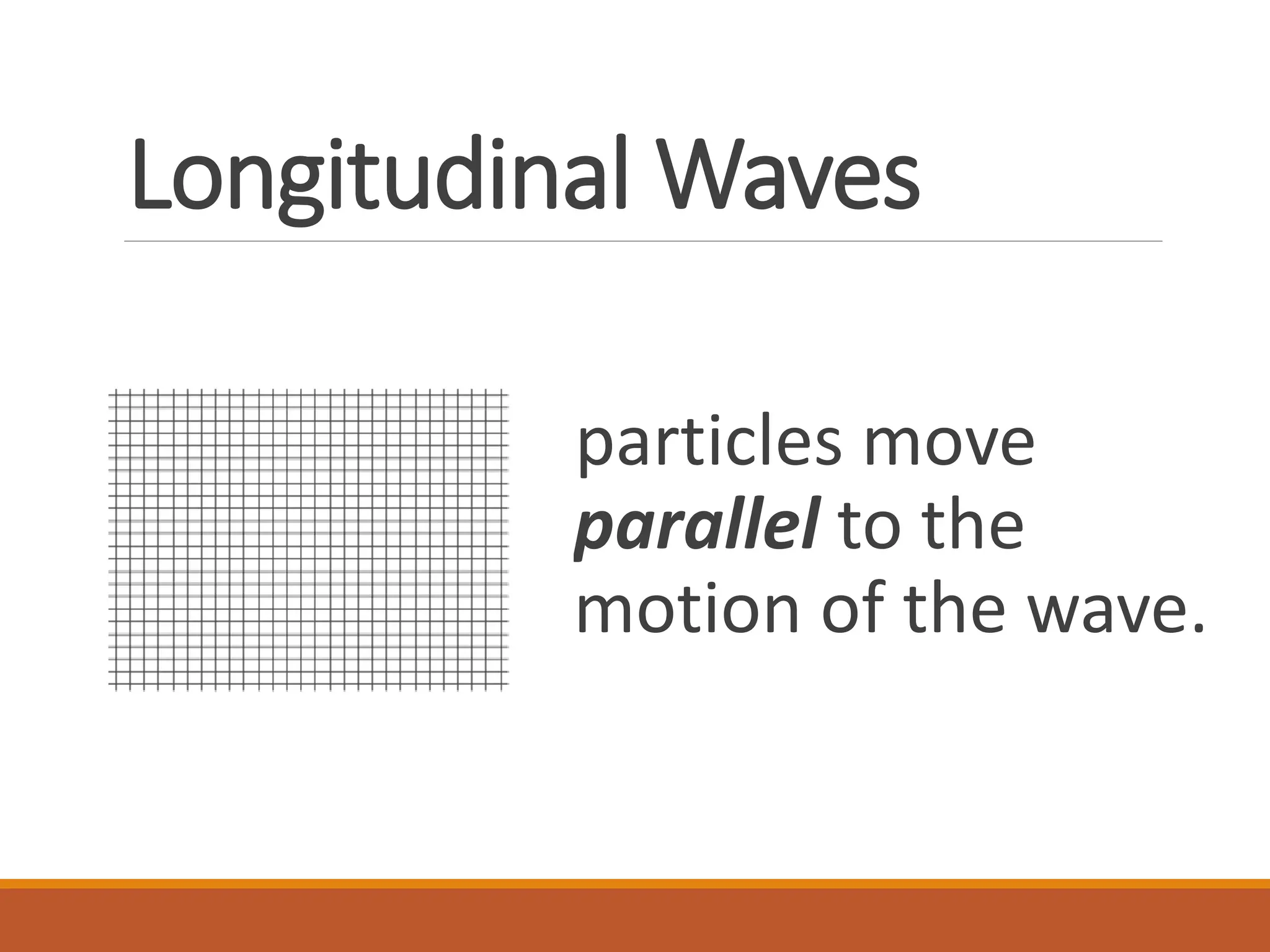 Longitudinal Waves
particles move
parallel to the
motion of the wave.
 